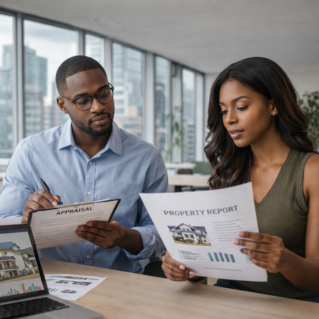 Consultores a analisar documentos de avaliação imobiliária