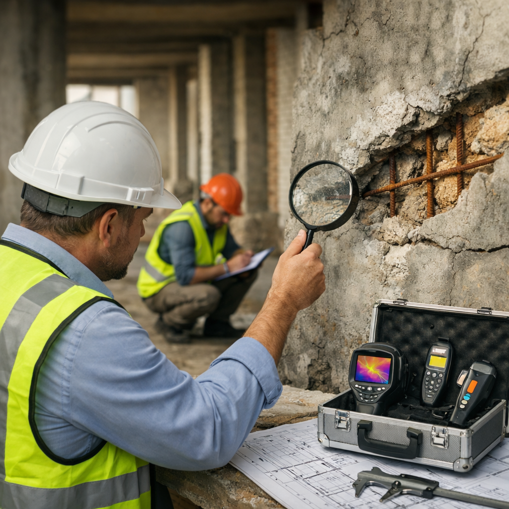 Profissionais a realizar peritagens técnicas e análise de obra